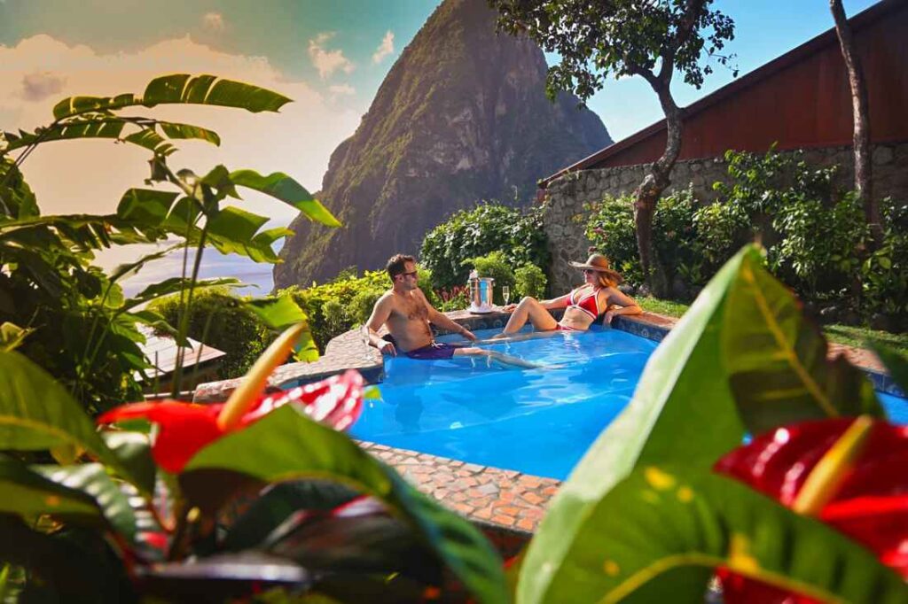 Famous view of the Pitons from a suite of Ladera Hotel